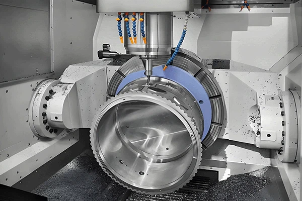 Illustration du procédé d'usinage 5 axes, sans prétendre être une photographie de la machine de cet atelier.