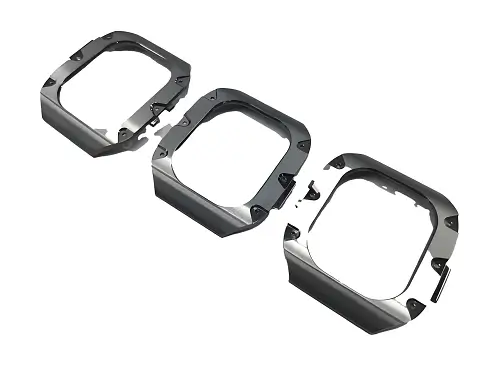 Three chrome-finished frame parts, company website photograph.