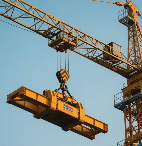 Tower crane lifting a steel structure, industrial direction illustration only, not a machinery part photograph.