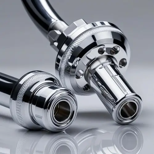 Polished metal connector, medical industry illustration only, not claimed as a company part photograph.