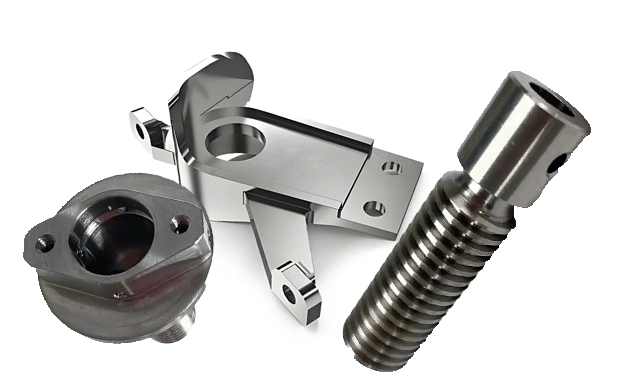 Stainless steel machined parts: flanges, brackets and screws, company website photograph.