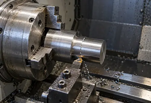 Lathe chuck holding a stepped shaft during turning, workshop photograph.